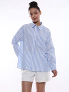 Amanda Blue & White Striped Cotton Oversized Shirt for Women - Copenhagen Fit from GAZILLION - Front Look