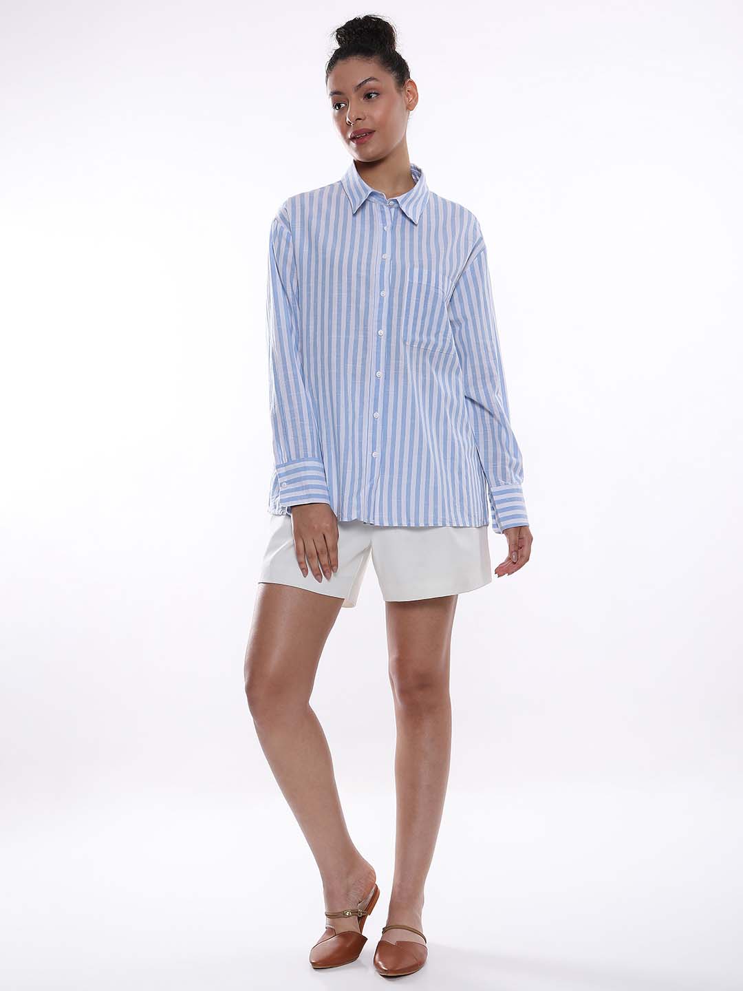 Amanda Blue & White Striped Cotton Oversized Shirt for Women - Copenhagen Fit from GAZILLION - Full Standing Stylised Look