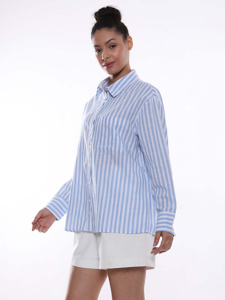 Amanda Blue & White Striped Cotton Oversized Shirt for Women - Copenhagen Fit from GAZILLION - Left Side Look