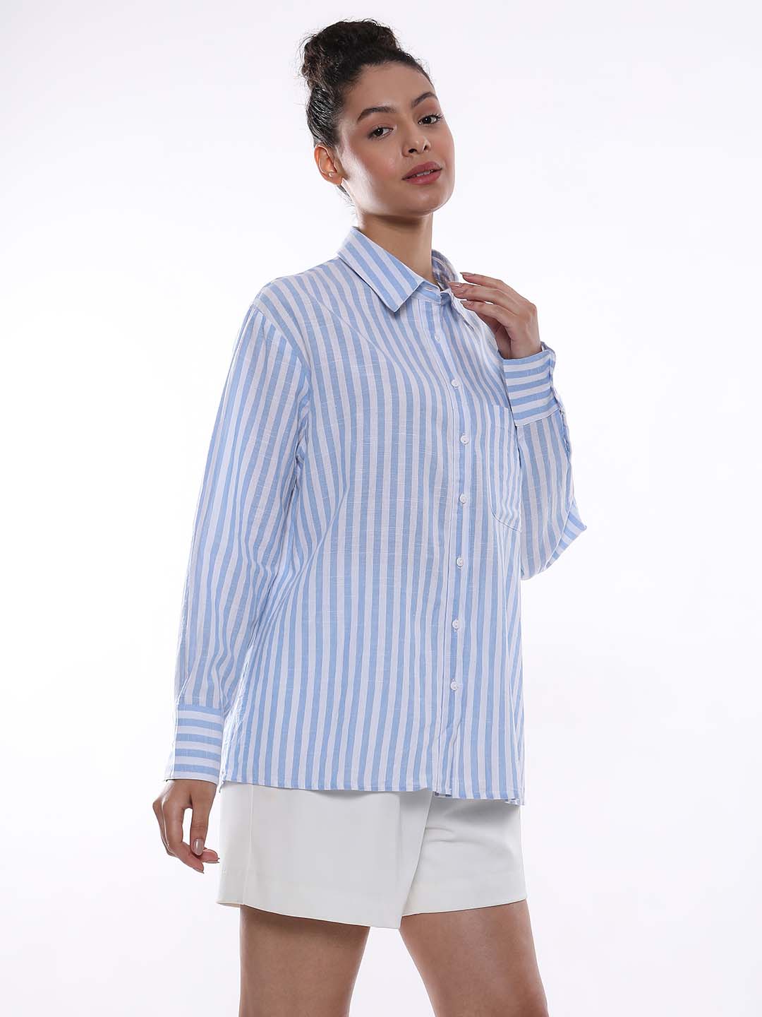 Amanda Blue & White Striped Cotton Oversized Shirt for Women - Copenhagen Fit from GAZILLION - Right Side Look