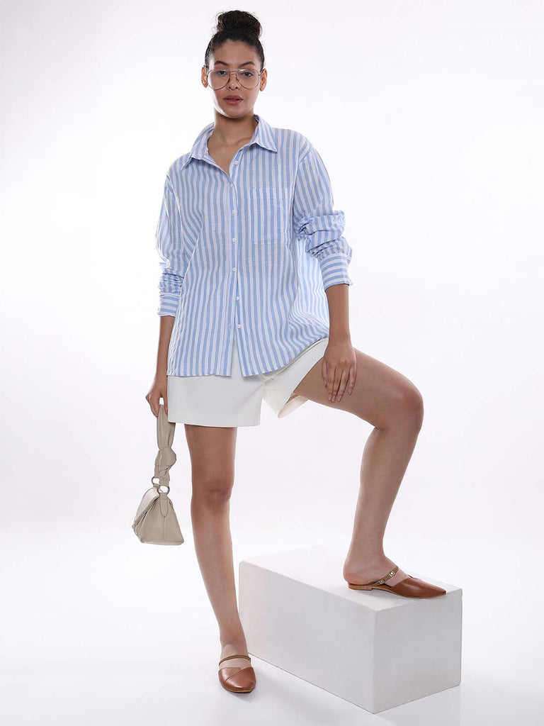 Amanda Blue & White Striped Cotton Oversized Shirt for Women - Copenhagen Fit from GAZILLION - Standing Stylised Look With Accessories
