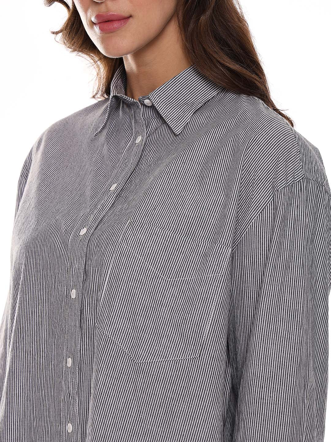 Amayra Black & White Striped Cotton Oversized Shirt for Women - Brussels Fit from GAZILLION - Left Side Detail