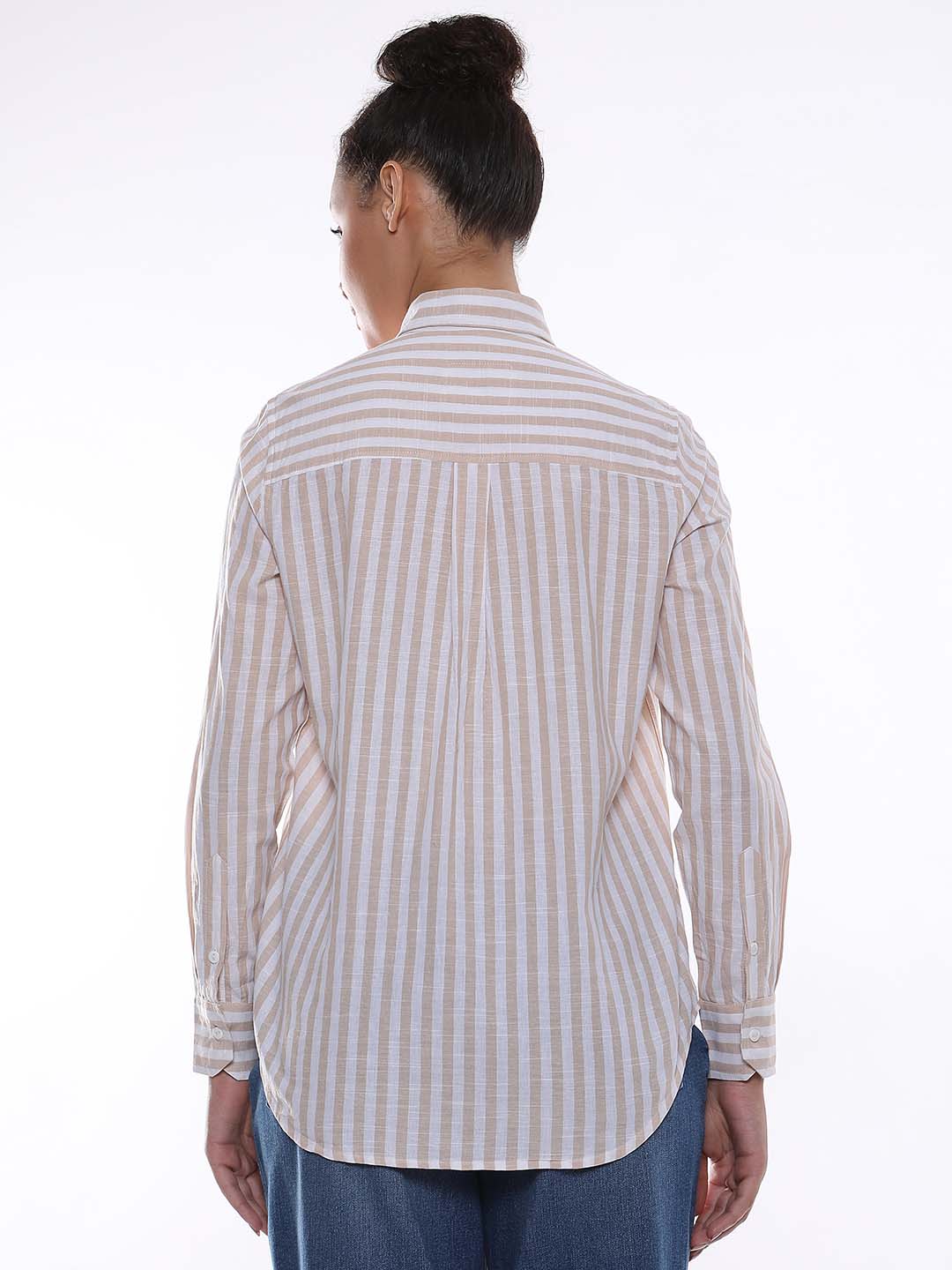 Amber Beige & White Striped Cotton Shirt for Women - Zurich Fit from GAZILLION - Back Look