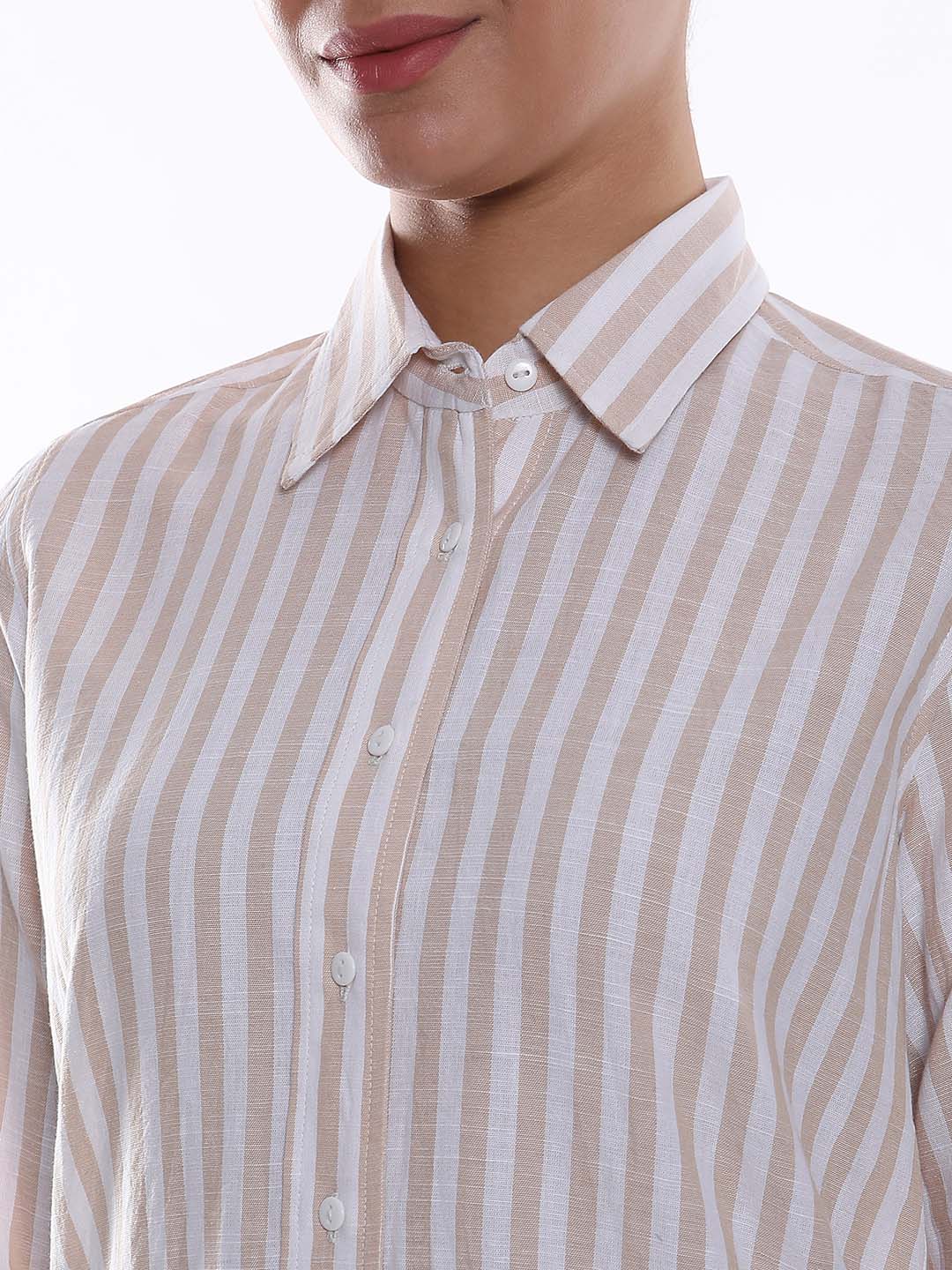 Amber Beige & White Striped Cotton Shirt for Women - Zurich Fit from GAZILLION - Front Detail