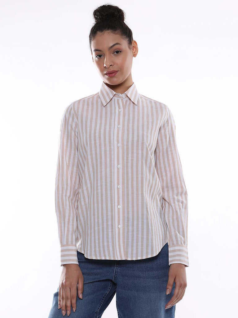 Amber Beige & White Striped Cotton Shirt for Women - Zurich Fit from GAZILLION - Front Look