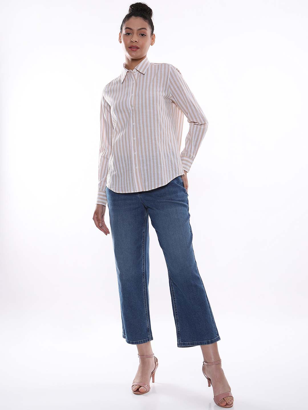 Amber Beige & White Striped Cotton Shirt for Women - Zurich Fit from GAZILLION - Full Standing Stylised Look