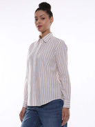 Amber Beige & White Striped Cotton Shirt for Women - Zurich Fit from GAZILLION - Left Side Look