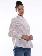 Amber Beige & White Striped Cotton Shirt for Women - Zurich Fit from GAZILLION - Right Side Look