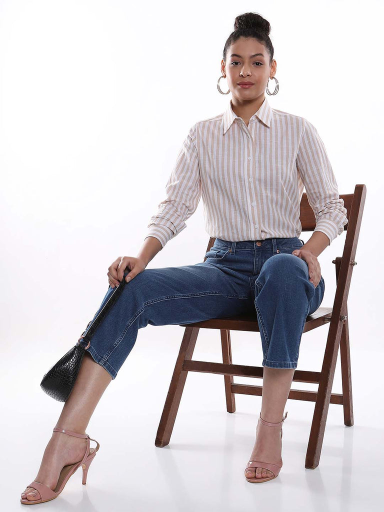 Amber Beige & White Striped Cotton Shirt for Women - Zurich Fit from GAZILLION - Seated Stylised Look