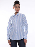 Amber Blue & White Striped Cotton Shirt for Women - Zurich Fit from GAZILLION - Front Look