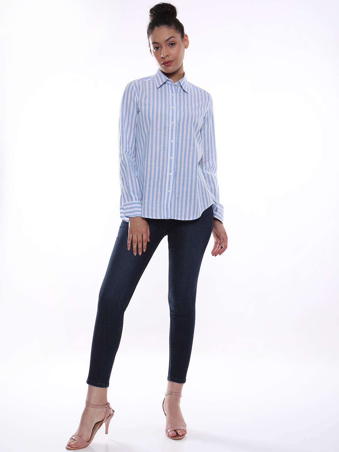 Amber Blue & White Striped Cotton Shirt for Women - Zurich Fit from GAZILLION - Full Standing Stylised Look