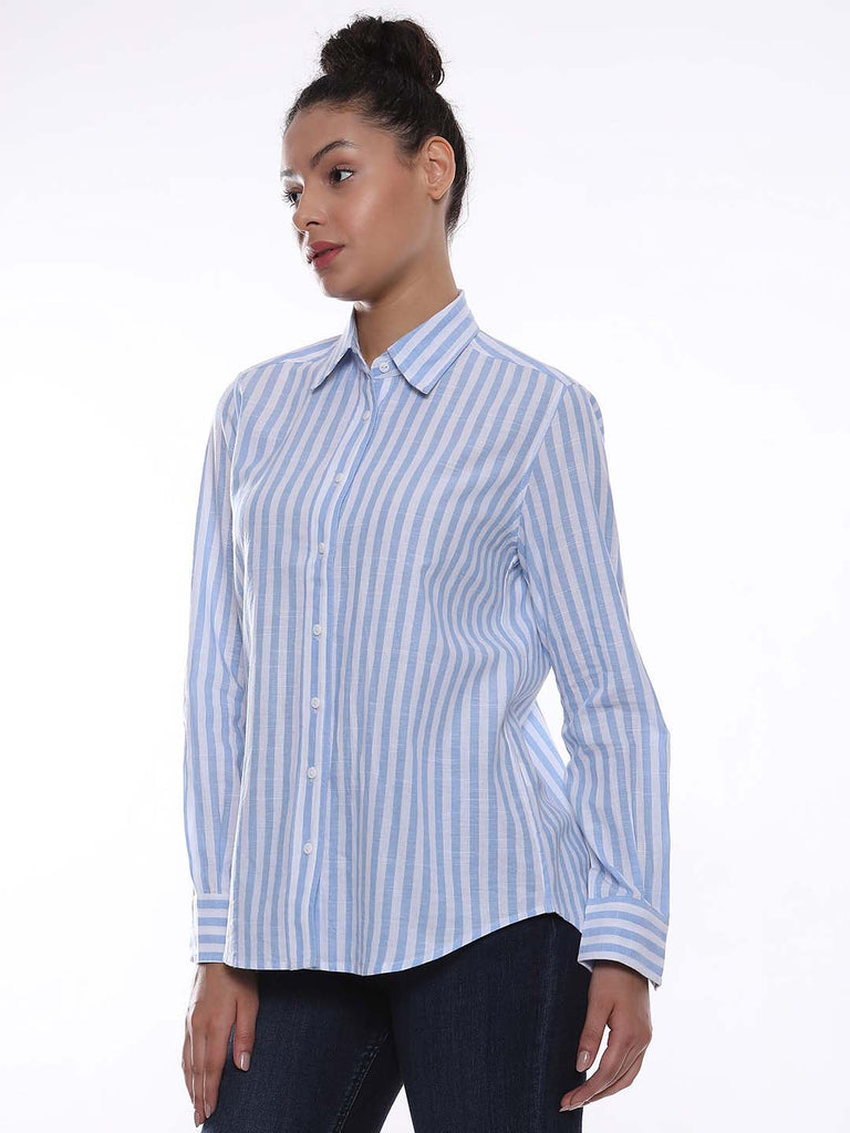 Amber Blue & White Striped Cotton Shirt for Women - Zurich Fit from GAZILLION - Left Side Look