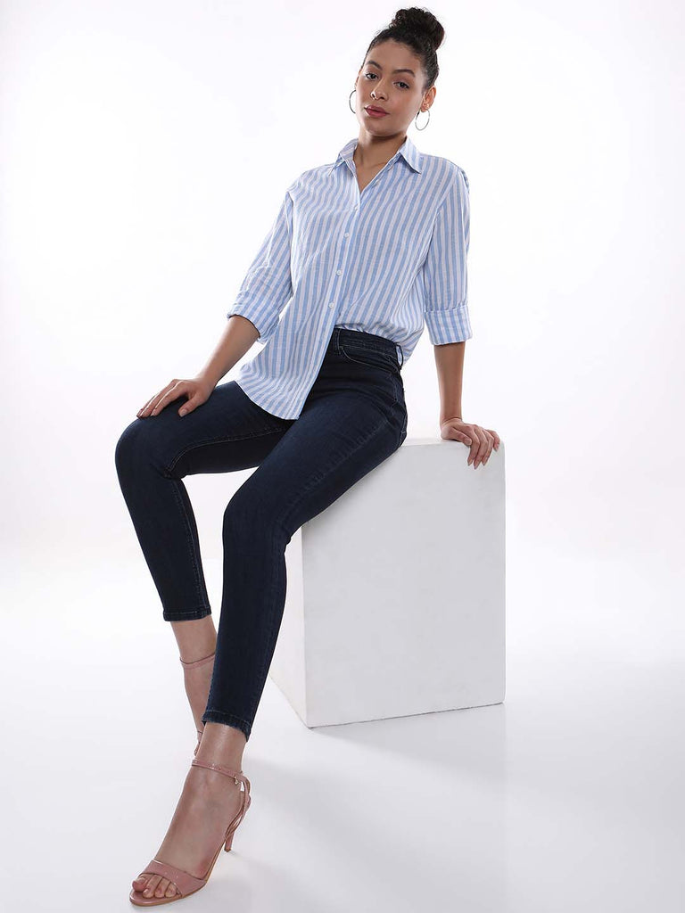 Amber Blue & White Striped Cotton Shirt for Women - Zurich Fit from GAZILLION - Standing Stylised Look With Accessories