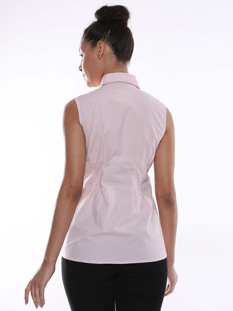 Amelia Baby Pink Sleeveless Cotton Shirt for Women - London Fit from GAZILLION - Back Look