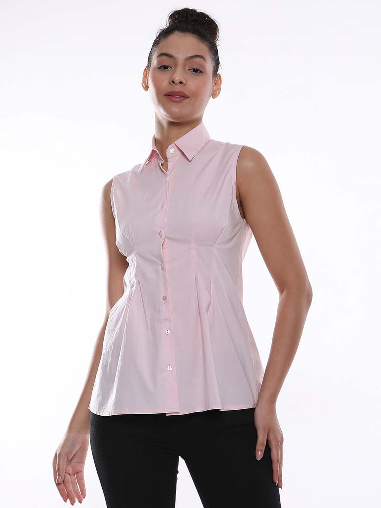 Amelia Baby Pink Sleeveless Cotton Shirt for Women - London Fit from GAZILLION - Front Look