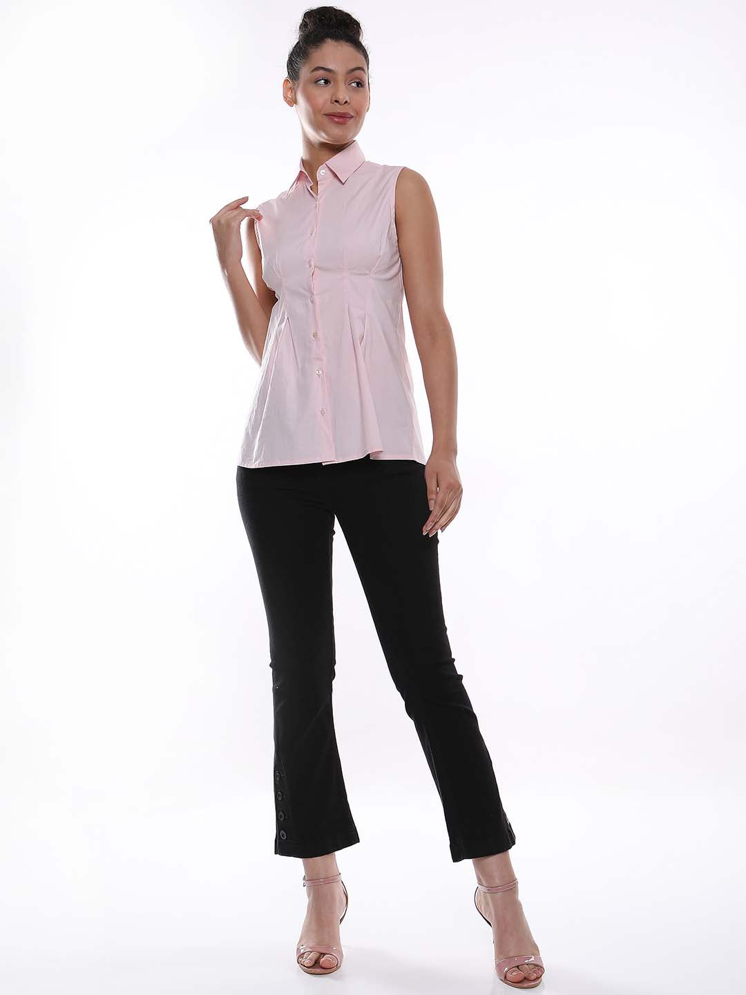 Amelia Baby Pink Sleeveless Cotton Shirt for Women - London Fit from GAZILLION - Full Standing Stylised Look