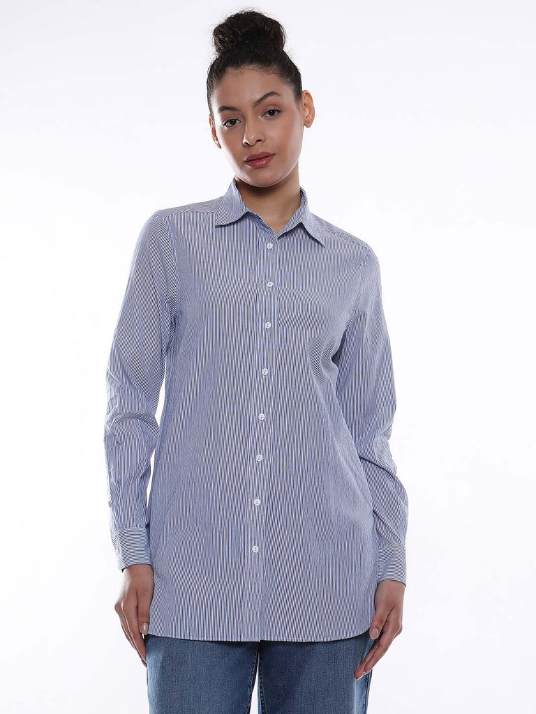 Amy Blue & White Striped Cotton Long Shirt for Women - Rome Fit from GAZILLION - Front Look