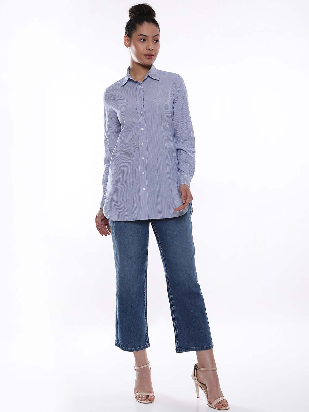 Amy Blue & White Striped Cotton Longline Shirt for Women - Rome Fit