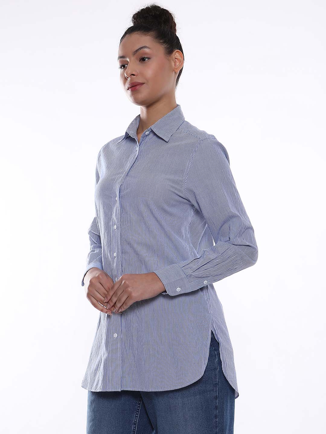 Amy Blue & White Striped Cotton Long Shirt for Women - Rome Fit from GAZILLION - Left Side Look