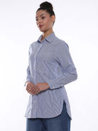 Amy Blue & White Striped Cotton Long Shirt for Women - Rome Fit from GAZILLION - Left Side Look