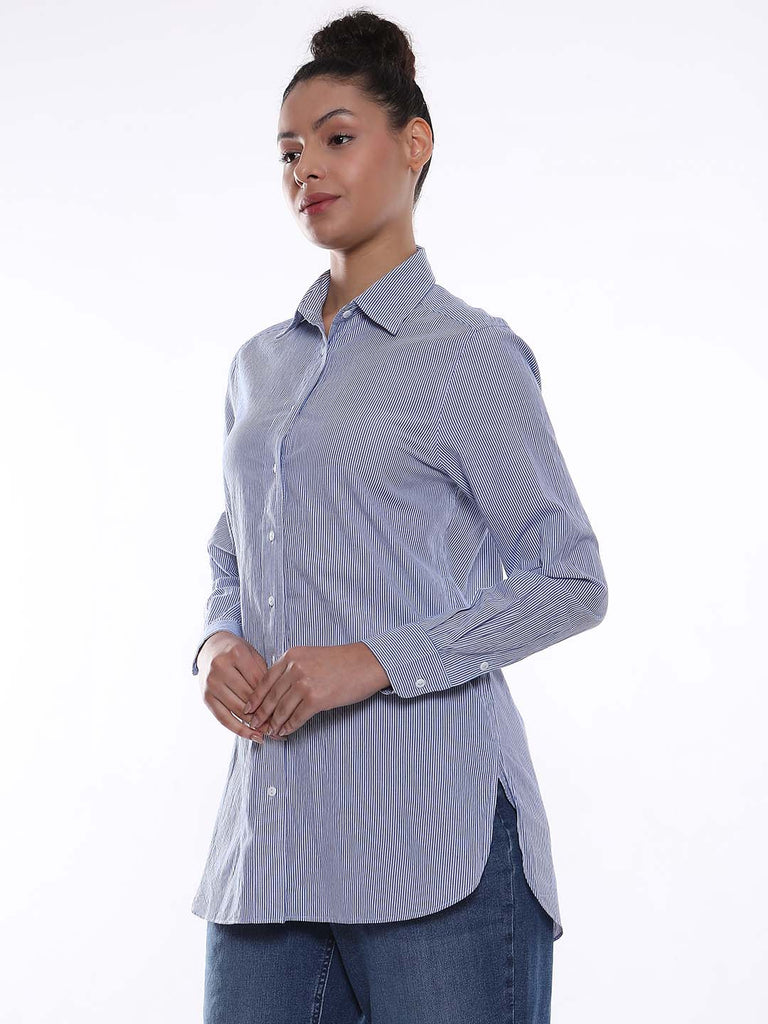 Amy Blue & White Striped Cotton Long Shirt for Women - Rome Fit from GAZILLION - Left Side Look