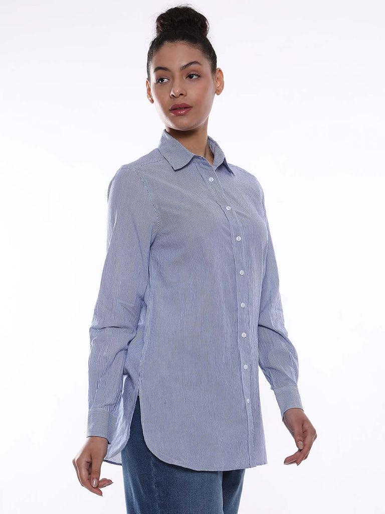 Amy Blue & White Striped Cotton Long Shirt for Women - Rome Fit from GAZILLION - Right Side Look