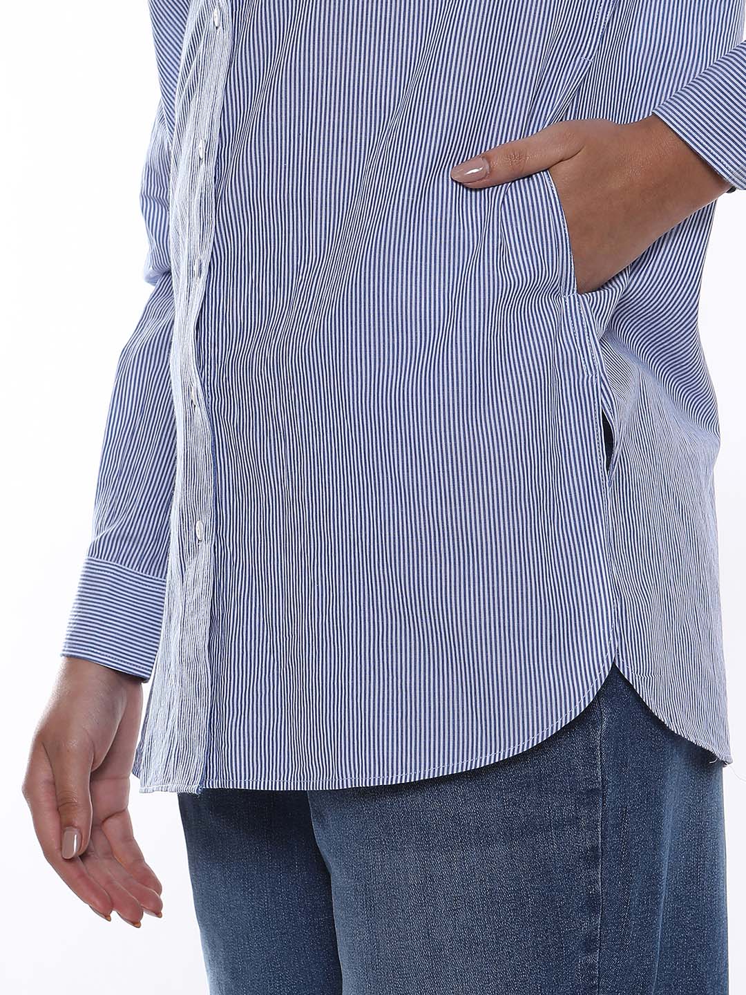 Amy Blue & White Striped Cotton Long Shirt for Women - Rome Fit from GAZILLION - Side Pocket Detail