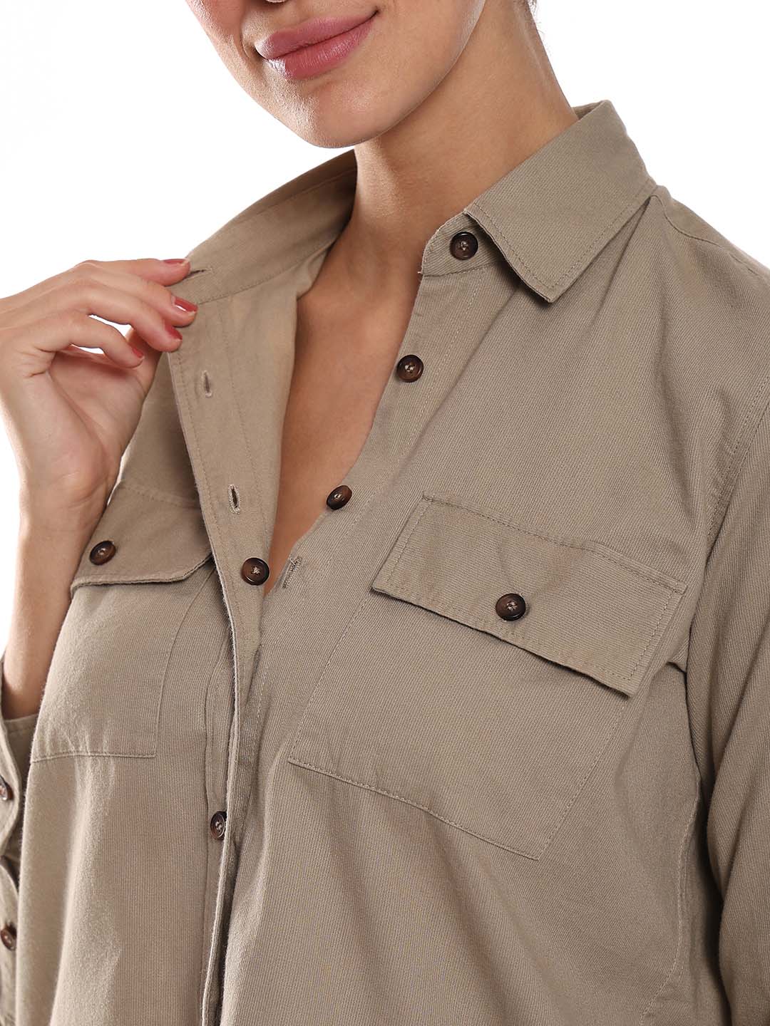 Analia Beige Self-Striped Cords Cotton Shirt for Women - Lisbon Fit from GAZILLION - Dignity Buttons Detail