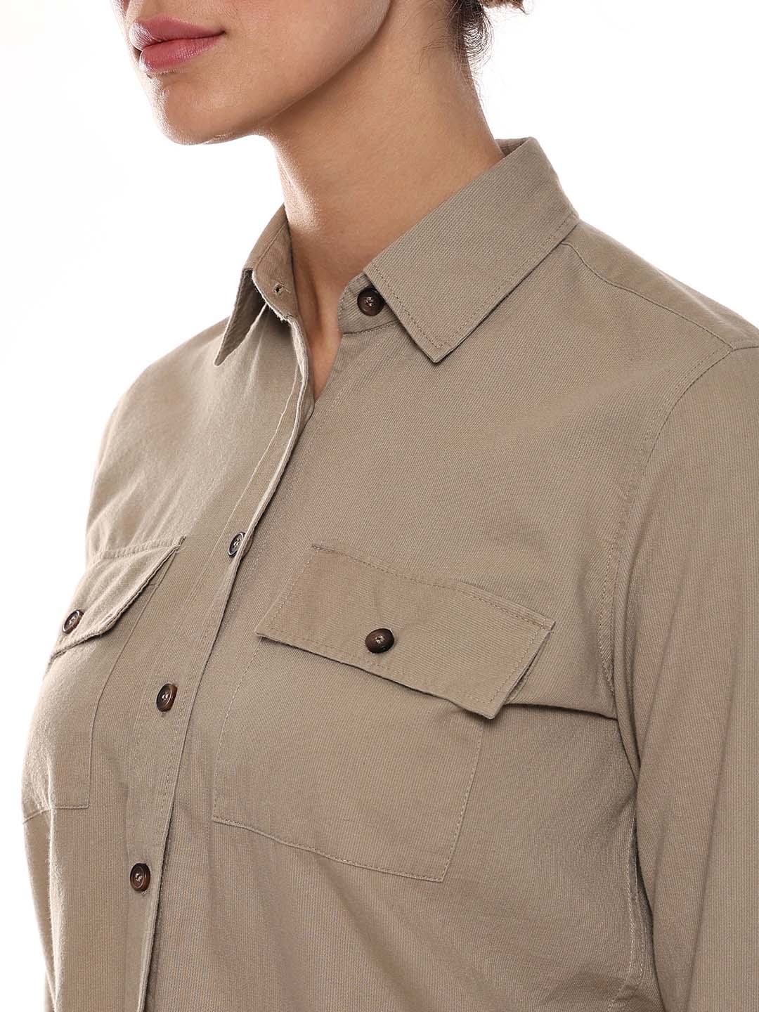 Analia Beige Self-Striped Cords Cotton Shirt for Women - Lisbon Fit from GAZILLION - Front Detail