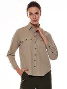 Analia Beige Self-Striped Cords Cotton Shirt for Women - Lisbon Fit from GAZILLION - Front Look