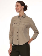 Analia Beige Self-Striped Cords Cotton Shirt for Women - Lisbon Fit from GAZILLION - Left Side Look