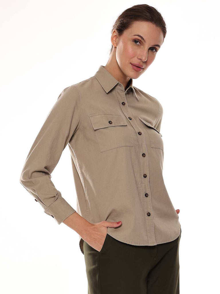 Analia Beige Self-Striped Cords Cotton Shirt for Women - Lisbon Fit from GAZILLION - Right Side Look