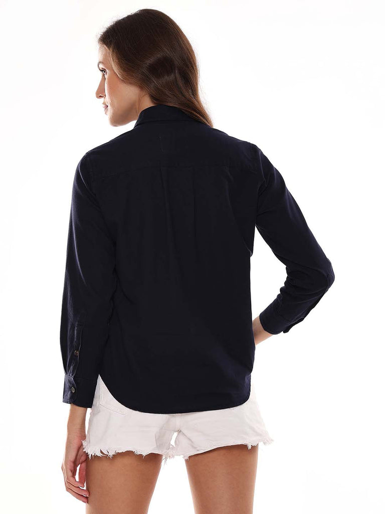 Analia Navy Blue Self-Striped Cords Cotton Shirt for Women - Lisbon Fit from GAZILLION - Back Look