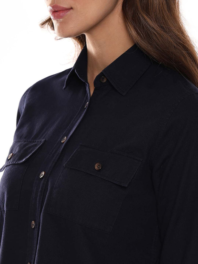 Analia Navy Blue Self-Striped Cords Cotton Shirt for Women - Lisbon Fit from GAZILLION - Front Detail