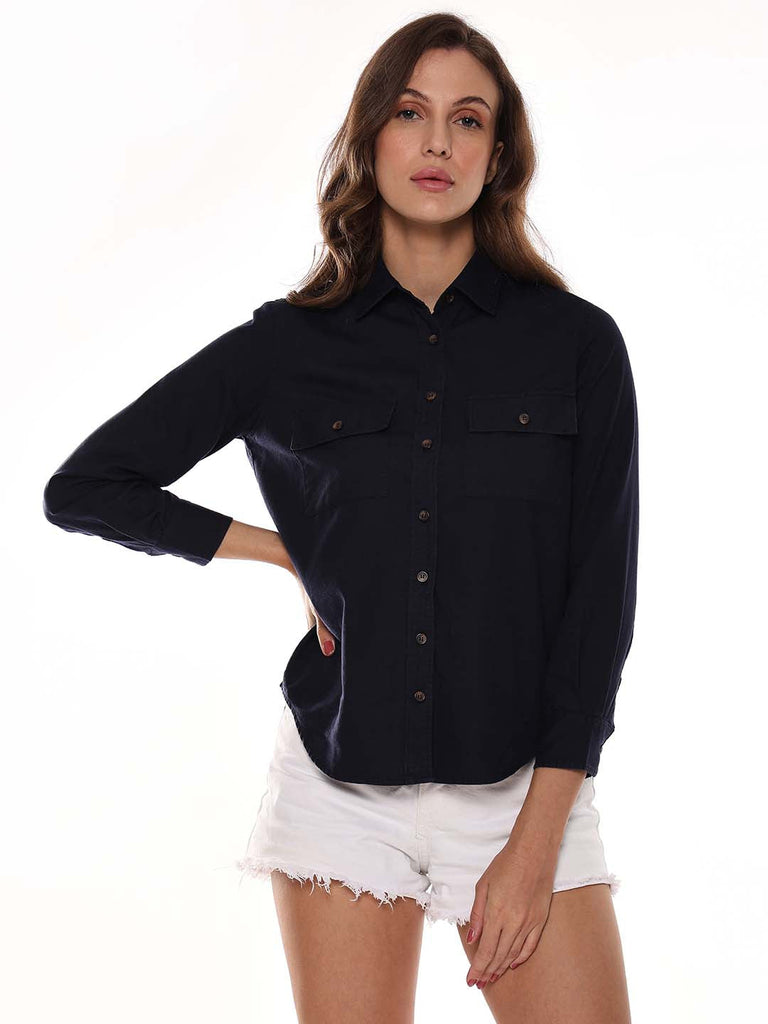 Analia Navy Blue Self-Striped Cords Cotton Shirt for Women - Lisbon Fit from GAZILLION - Front Look