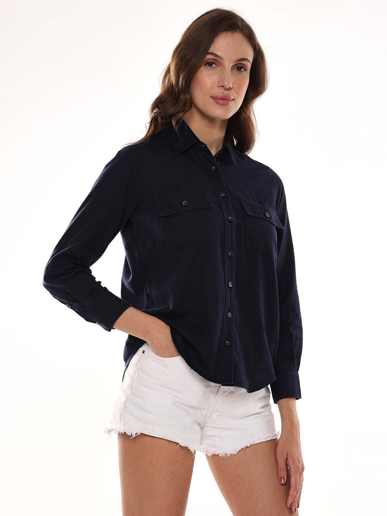 Analia Navy Blue Self-Striped Cords Cotton Shirt for Women - Lisbon Fit from GAZILLION - Right Side Look