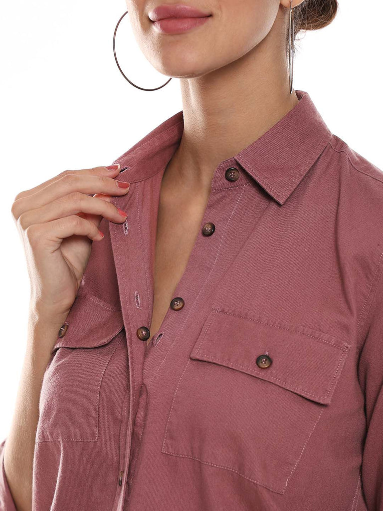 Analia Onion Pink Self-Striped Cords Cotton Shirt for Women - Lisbon Fit from GAZILLION - Dignity Buttons Detail