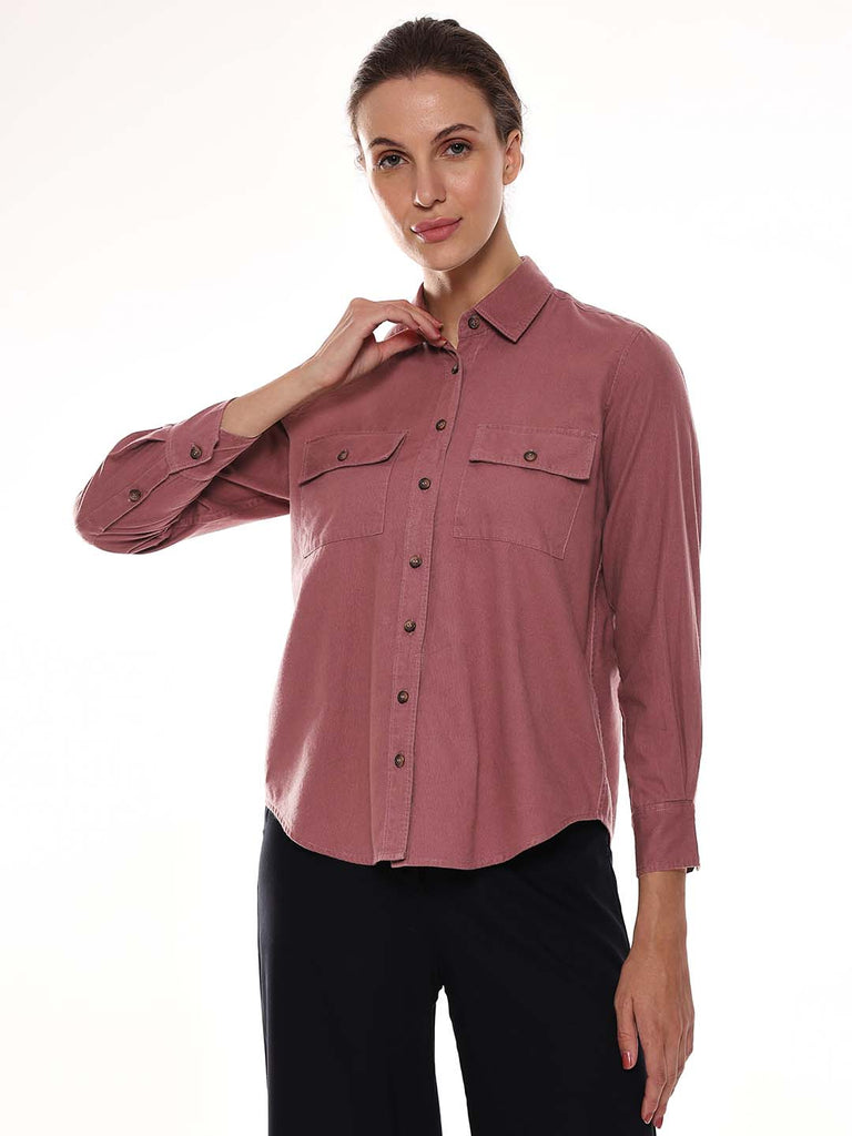 Analia Onion Pink Self-Striped Cords Cotton Shirt for Women - Lisbon Fit from GAZILLION - Front Look