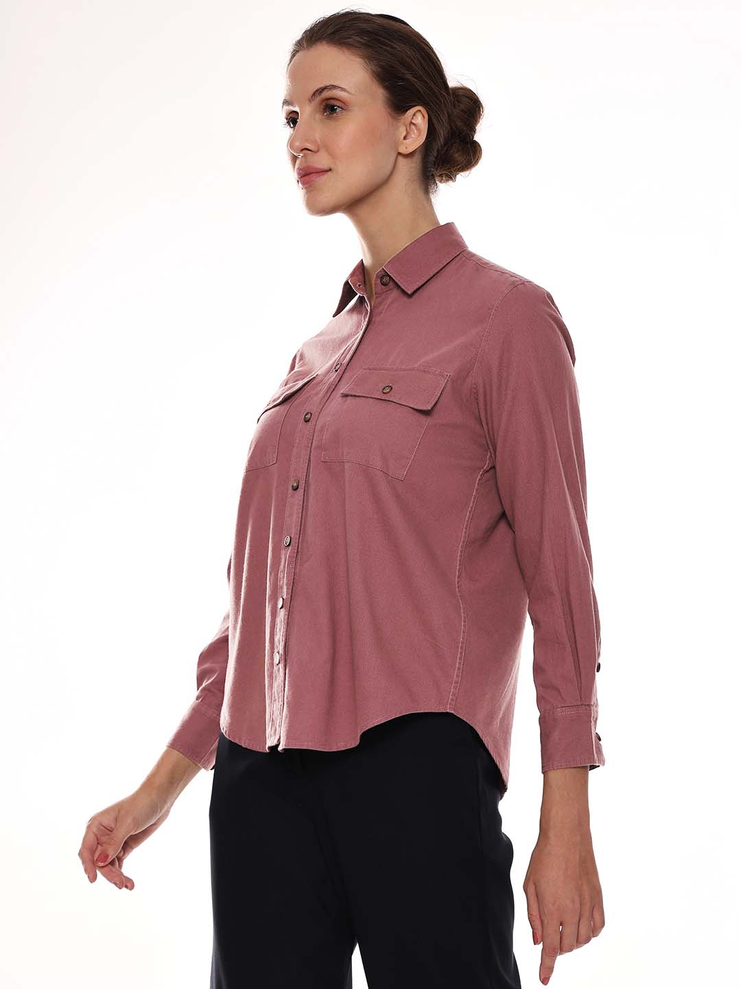 Analia Onion Pink Self-Striped Cords Cotton Shirt for Women - Lisbon Fit from GAZILLION - Left Side Look