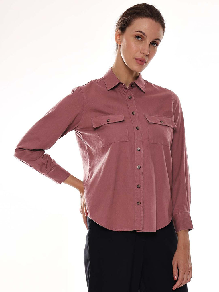 Analia Onion Pink Self-Striped Cords Cotton Shirt for Women - Lisbon Fit from GAZILLION - Right Side Look