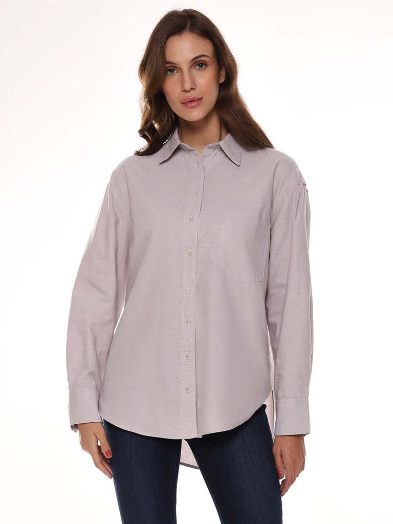 Andria Grey Oxford Cotton Oversized Shirt for Women - Brussels Fit from GAZILLION - Front Look