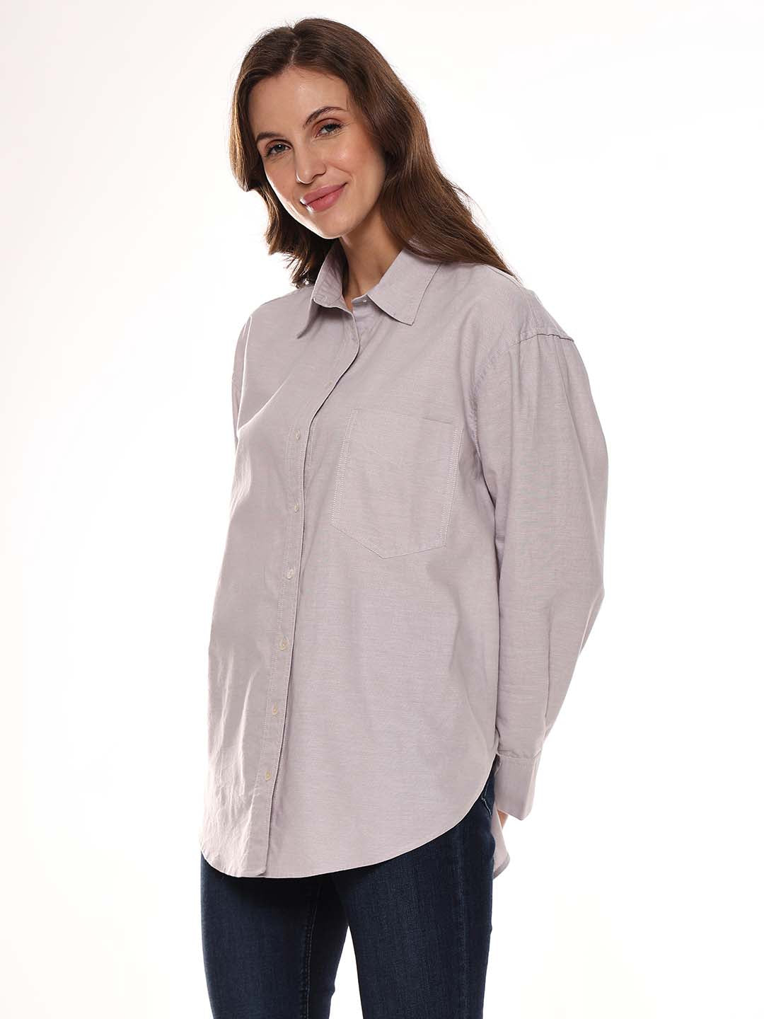 Andria Grey Oxford Cotton Oversized Shirt for Women - Brussels Fit from GAZILLION - Left Side Look