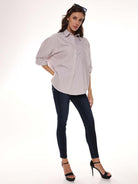 Andria Grey Oxford Cotton Oversized Shirt for Women - Brussels Fit from GAZILLION - Side Standing Stylised Look