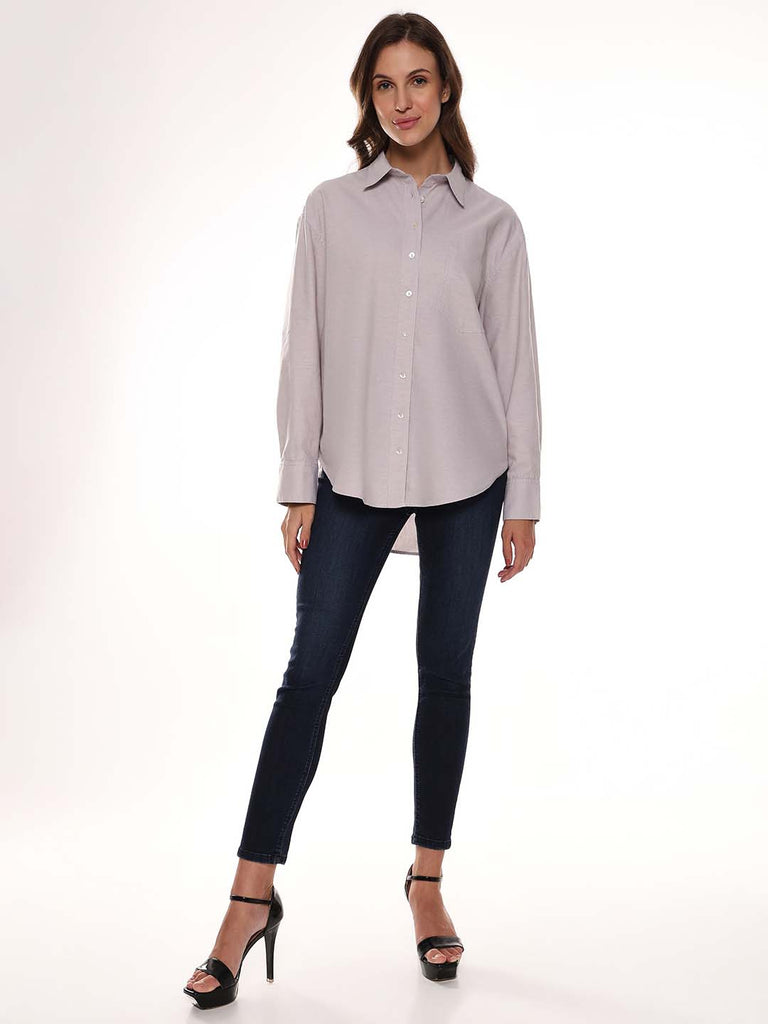 Andria Grey Oxford Cotton Oversized Shirt for Women - Brussels Fit from GAZILLION - Standing Stylised Look