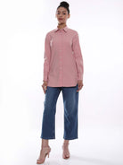 Anemone Light Pink Coloured Denim Long Shirt for Women - Rome Fit from GAZILLION - Full Standing Stylised Look