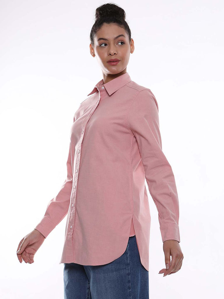 Anemone Light Pink Coloured Denim Long Shirt for Women - Rome Fit from GAZILLION - Left Side Look