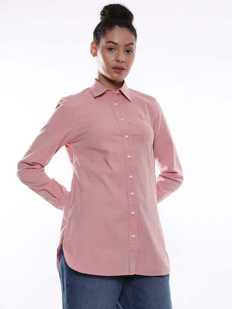 Anemone Light Pink Coloured Denim Long Shirt for Women - Rome Fit from GAZILLION - Right Side Look