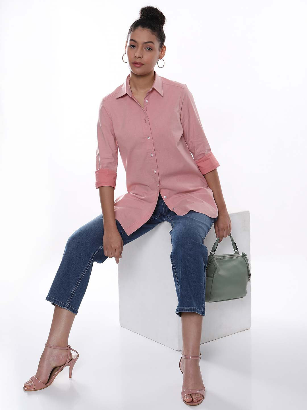 Anemone Light Pink Coloured Denim Long Shirt for Women - Rome Fit from GAZILLION - Seated Stylised Look