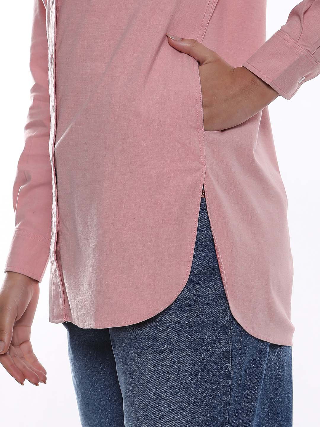 Anemone Light Pink Coloured Denim Long Shirt for Women - Rome Fit from GAZILLION - Side Pocket Detail