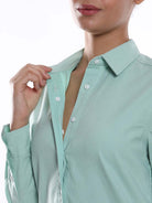 Anemone Mint Green Coloured Denim Long Shirt for Women - Rome Fit from GAZILLION - Dignity Buttons Detail